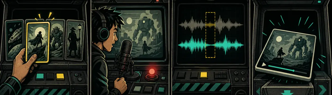 Four-panel illustration showing a player choose a scene, record a line, compare waveforms, and export the finished dub