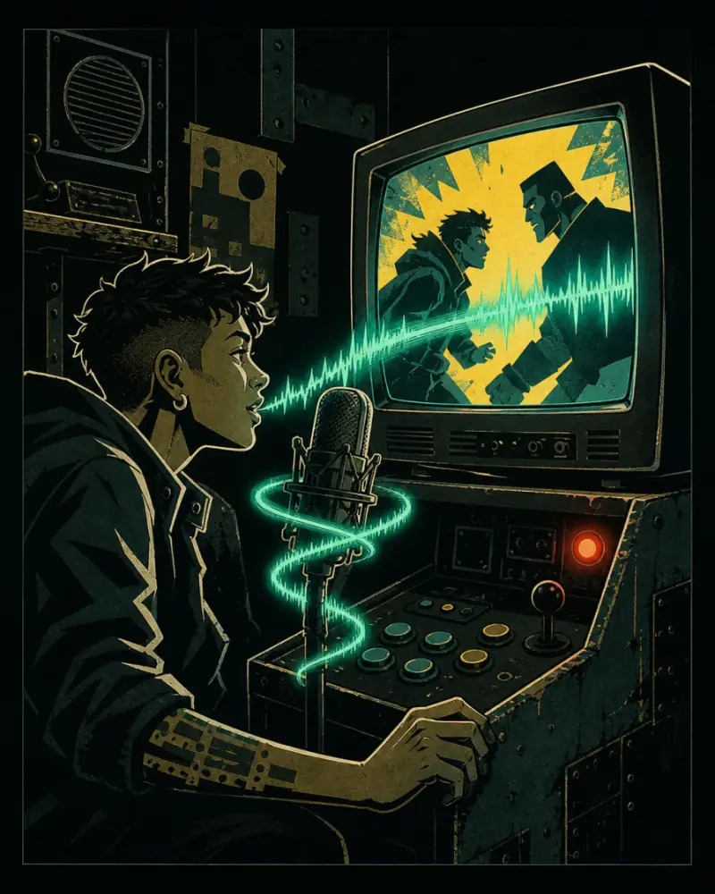 Voice performer recording into a studio microphone as a teal waveform flows into a scene on a CRT screen