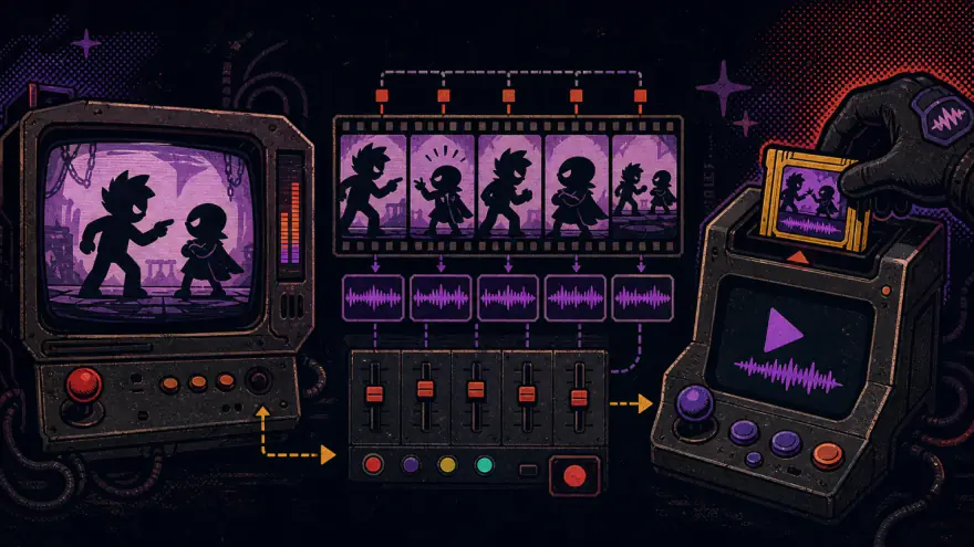 An arcade scene becoming timed dialogue clips and voice waveforms before being loaded as a playable pack